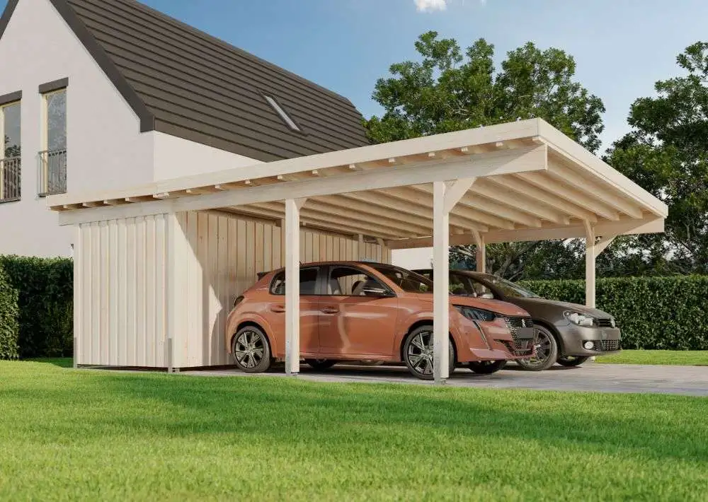 De houten Göteborg Carport met plat dak wordt als bouwpakket met montageplan en bevestigingsmateriaal geleverd. | Prijs: € 3.939,-