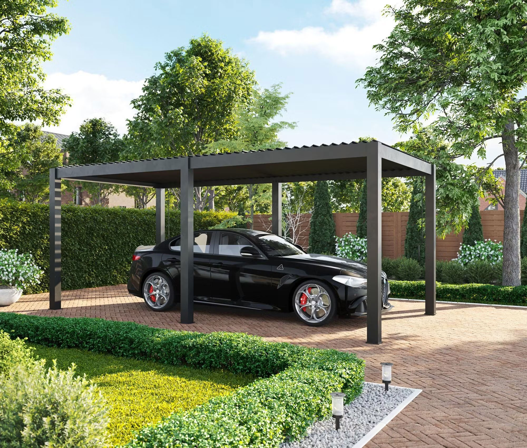 De Mirador Deluxe vrijstaande carport is gemaakt van aluminium. Het is voorzien van verstelbare shutters, waarmee je het dak open en dicht kunt maken. | Prijs: 3.869,-